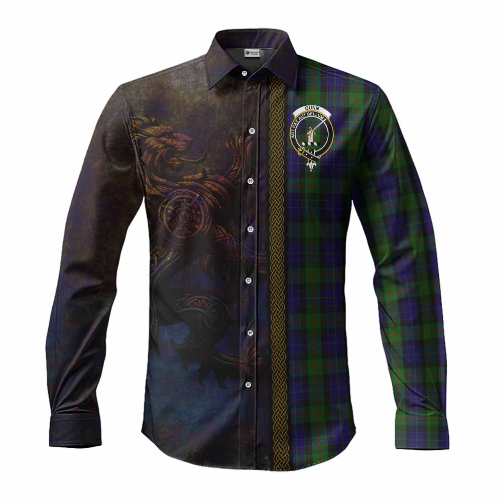 Tartan Vibes Clothing Gunn Tartan Family Crest Long Sleeve Button Shirt Alba Gu Brath Be Brave Lion Ancient Style