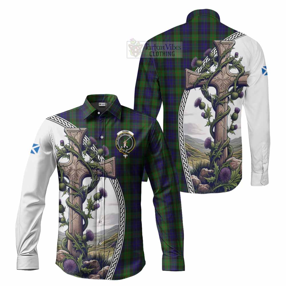 Tartan Vibes Clothing Gunn Tartan Long Sleeve Button Shirt with Family Crest and St. Andrew's Cross Accented by Thistle Vines