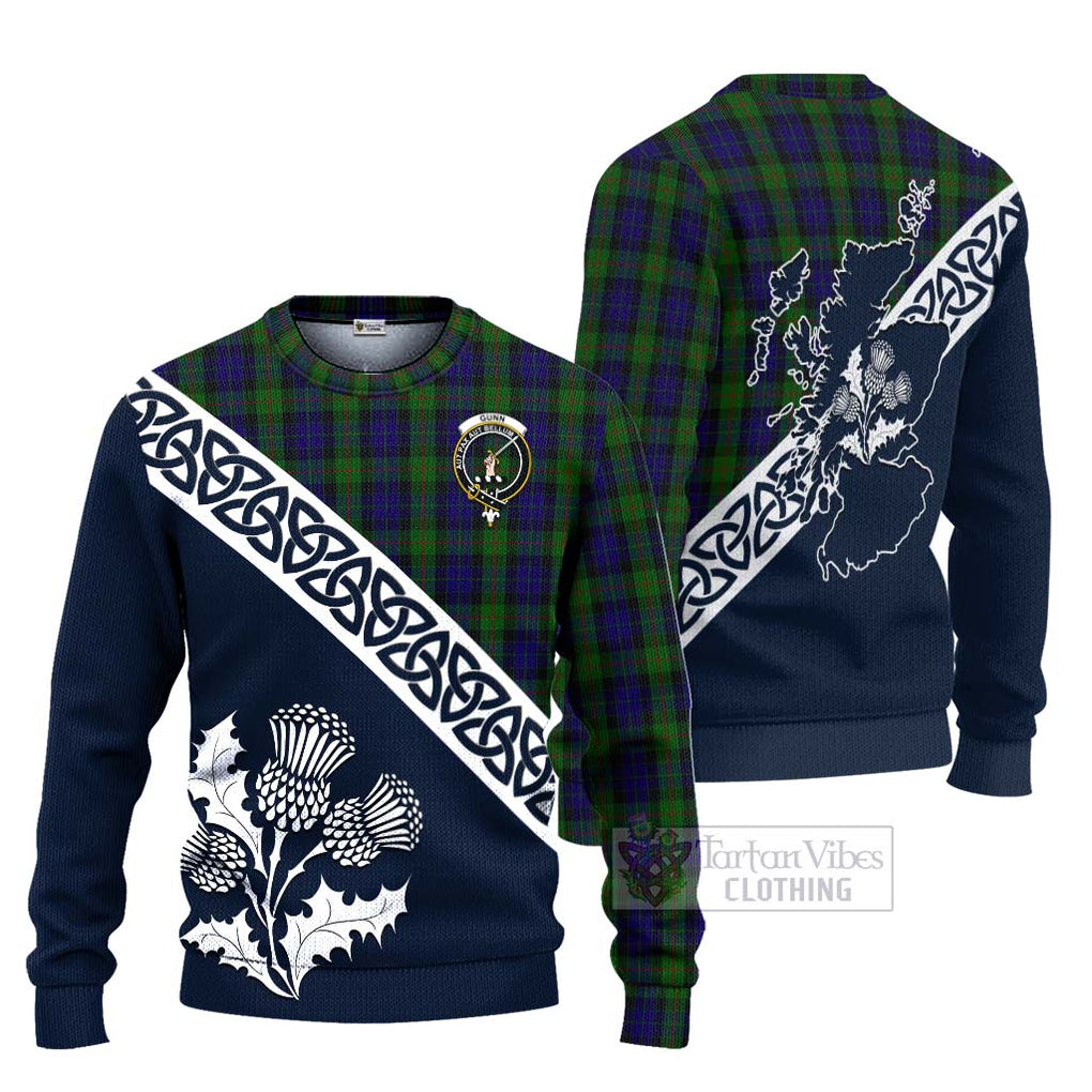 Tartan Vibes Clothing Gunn Tartan Knitted Sweater Featuring Thistle and Scotland Map