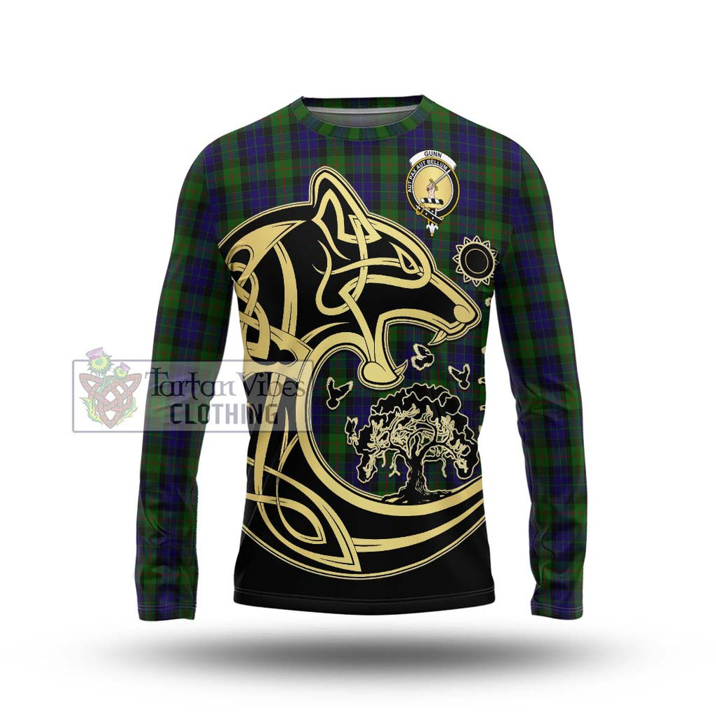 Gunn Tartan Long Sleeve T-Shirt with Family Crest Celtic Wolf Style Unisex - Tartan Vibes Clothing