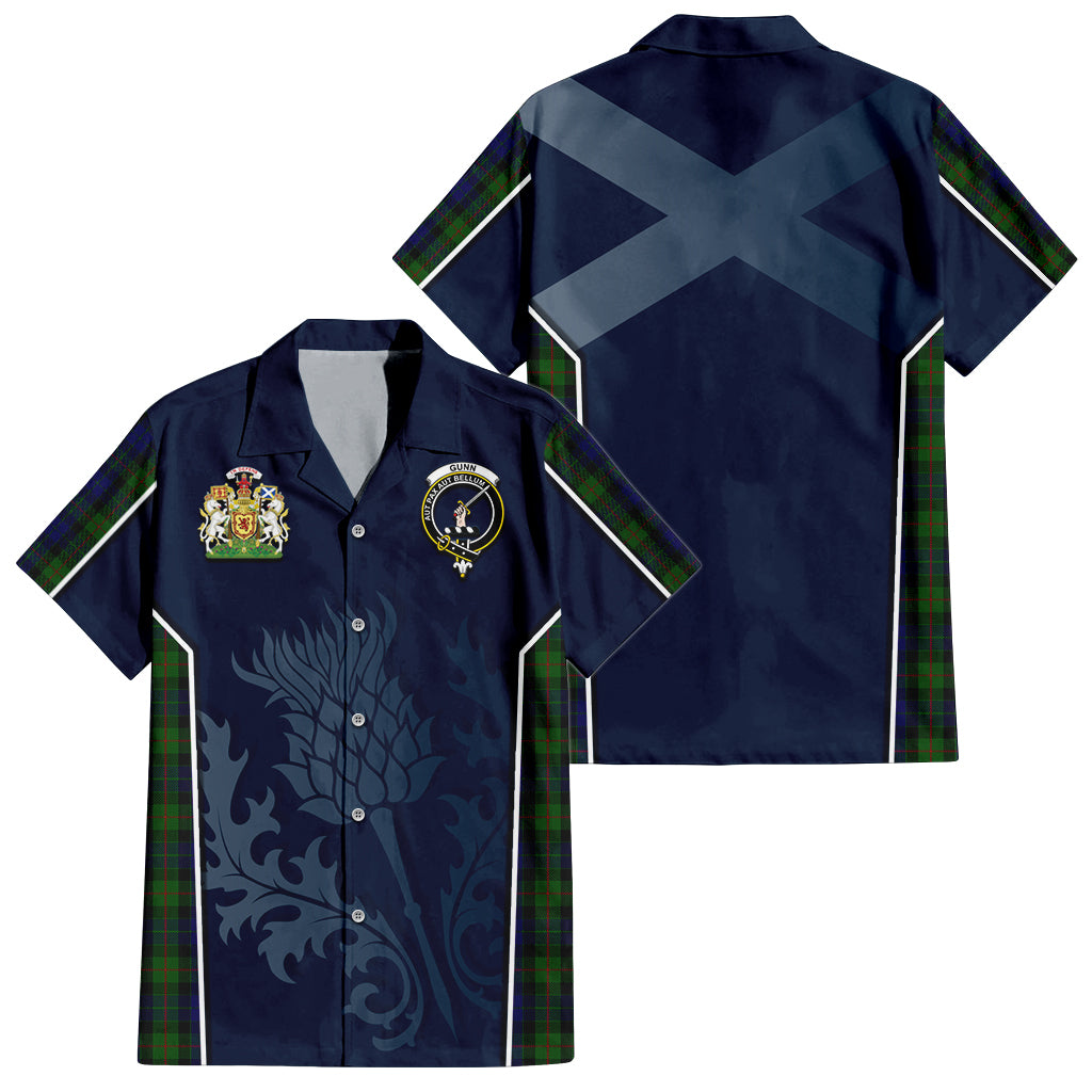 Tartan Vibes Clothing Gunn Tartan Short Sleeve Button Up Shirt with Family Crest and Scottish Thistle Vibes Sport Style