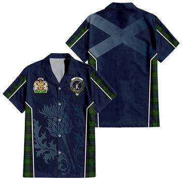 Tartan Vibes Clothing Gunn Tartan Short Sleeve Button Up Shirt with Family Crest and Scottish Thistle Vibes Sport Style