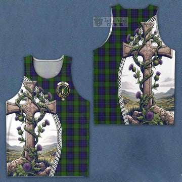 Tartan Vibes Clothing Gunn Tartan Men's Tank Top with Family Crest and St. Andrew's Cross Accented by Thistle Vines