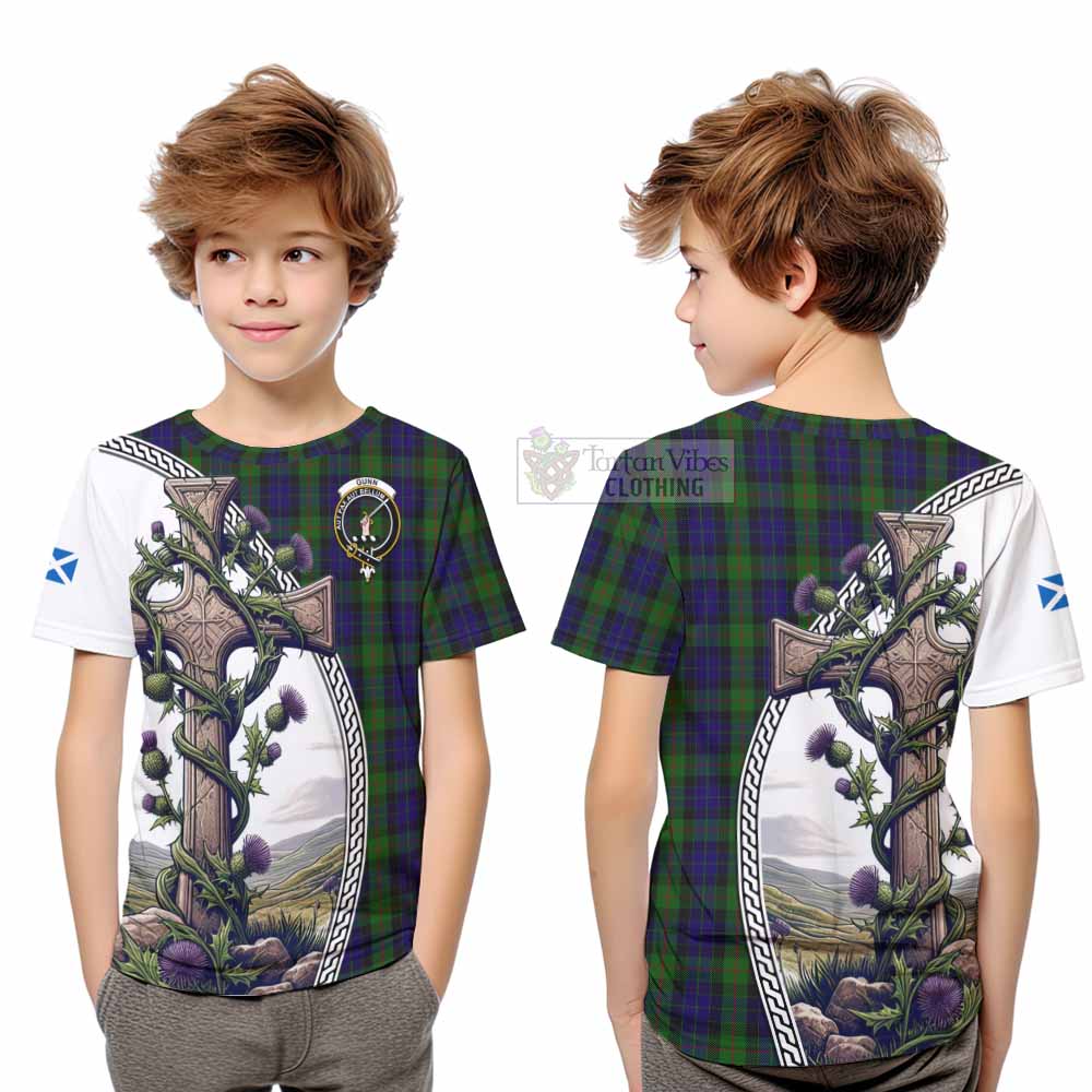 Tartan Vibes Clothing Gunn Tartan Kid T-Shirt with Family Crest and St. Andrew's Cross Accented by Thistle Vines