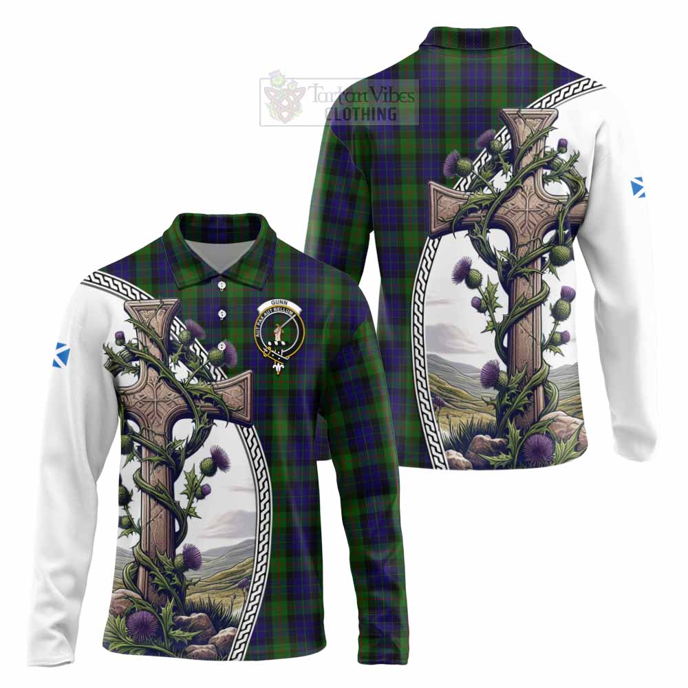 Tartan Vibes Clothing Gunn Tartan Long Sleeve Polo Shirt with Family Crest and St. Andrew's Cross Accented by Thistle Vines