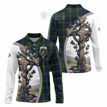 Tartan Vibes Clothing Gunn Tartan Long Sleeve Polo Shirt with Family Crest and St. Andrew's Cross Accented by Thistle Vines