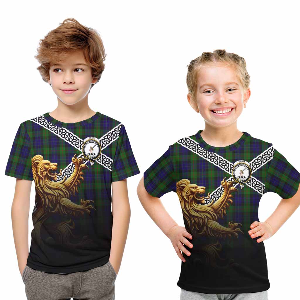 Tartan Vibes Clothing Gunn Crest Tartan Kid T-Shirt with Golden Lion Emblem Celtic Style