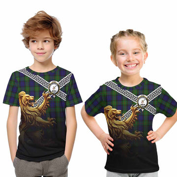 Tartan Vibes Clothing Gunn Crest Tartan Kid T-Shirt with Golden Lion Emblem Celtic Style