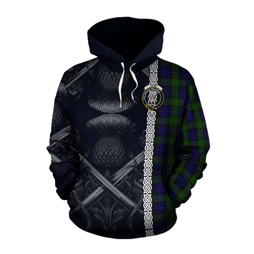 Tartan Vibes Clothing Gunn Tartan Cotton Hoodie with Family Crest Cross Sword Thistle Celtic Vibes