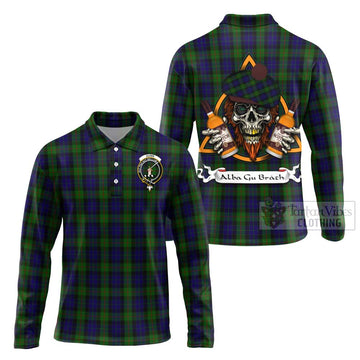 Tartan Vibes Clothing Gunn Tartan Long Sleeve Polo Shirt with Family Crest and Bearded Skull Holding Bottles of Whiskey