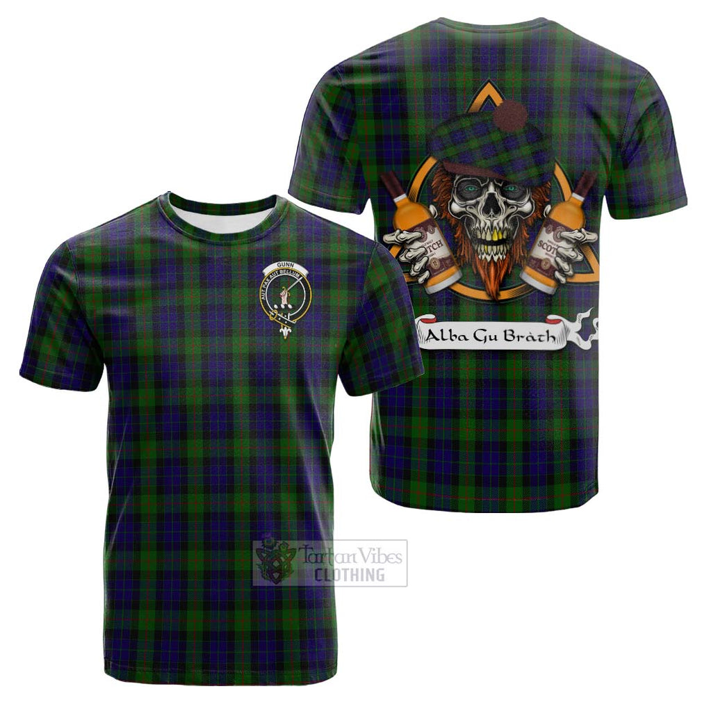 Tartan Vibes Clothing Gunn Tartan Cotton T-shirt with Family Crest and Bearded Skull Holding Bottles of Whiskey