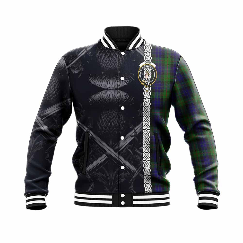 Tartan Vibes Clothing Gunn Tartan Baseball Jacket with Family Crest Cross Sword Thistle Celtic Vibes