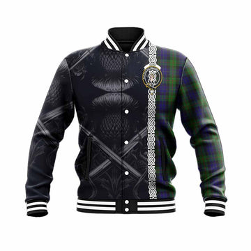 Gunn Tartan Baseball Jacket with Family Crest Cross Sword Thistle Celtic Vibes