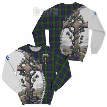 Tartan Vibes Clothing Gunn Tartan Sweatshirt with Family Crest and St. Andrew's Cross Accented by Thistle Vines