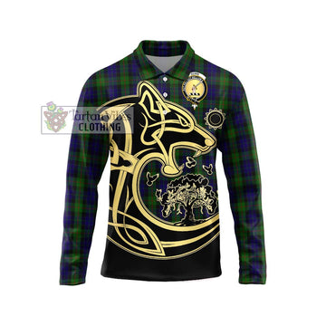 Gunn Tartan Long Sleeve Polo Shirt with Family Crest Celtic Wolf Style Unisex - Tartanvibesclothing Shop