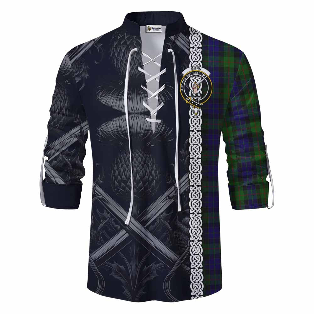 Tartan Vibes Clothing Gunn Tartan Ghillie Kilt Shirt with Family Crest Cross Sword Thistle Celtic Vibes