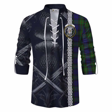 Gunn Tartan Ghillie Kilt Shirt with Family Crest Cross Sword Thistle Celtic Vibes