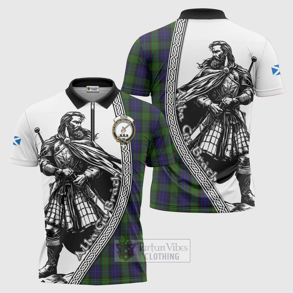 Tartan Vibes Clothing Gunn Tartan Clan Crest Zipper Polo Shirt with Highlander Warrior Celtic Style
