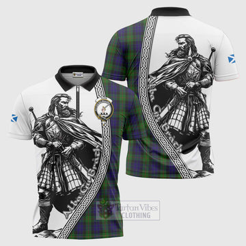 Tartan Vibes Clothing Gunn Tartan Clan Crest Zipper Polo Shirt with Highlander Warrior Celtic Style