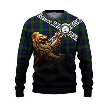 Tartan Vibes Clothing Gunn Crest Tartan Knitted Sweater with Golden Lion Emblem Celtic Style