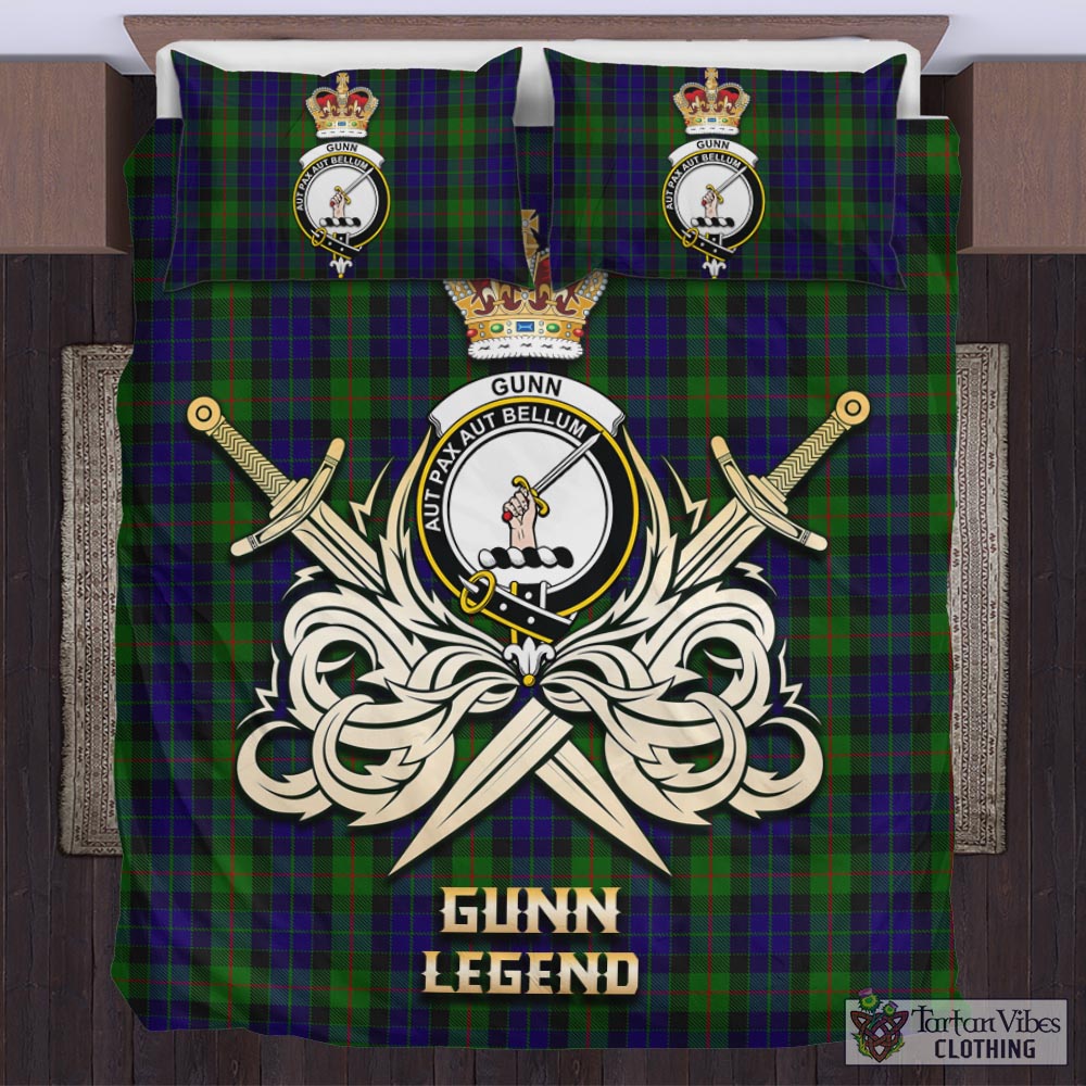 Tartan Vibes Clothing Gunn Tartan Bedding Set with Clan Crest and the Golden Sword of Courageous Legacy