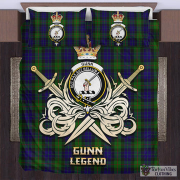 Tartan Vibes Clothing Gunn Tartan Bedding Set with Clan Crest and the Golden Sword of Courageous Legacy