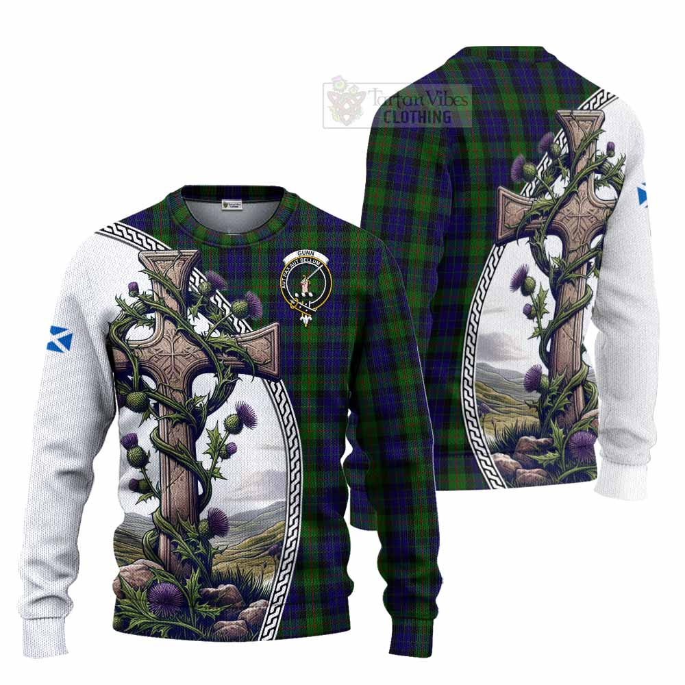 Tartan Vibes Clothing Gunn Tartan Knitted Sweater with Family Crest and St. Andrew's Cross Accented by Thistle Vines