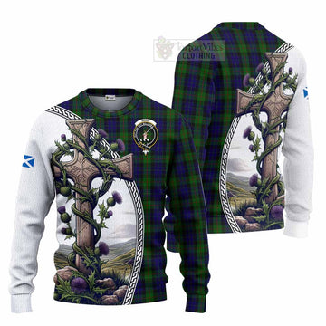 Tartan Vibes Clothing Gunn Tartan Knitted Sweater with Family Crest and St. Andrew's Cross Accented by Thistle Vines
