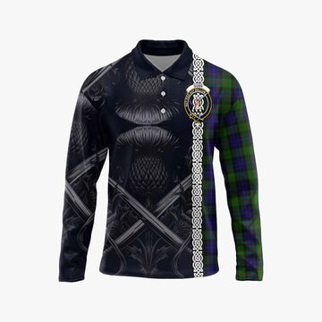 Tartan Vibes Clothing Gunn Tartan Long Sleeve Polo Shirt with Family Crest Cross Sword Thistle Celtic Vibes