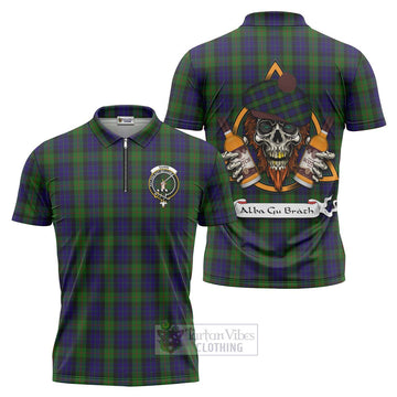 Tartan Vibes Clothing Gunn Tartan Zipper Polo Shirt with Family Crest and Bearded Skull Holding Bottles of Whiskey