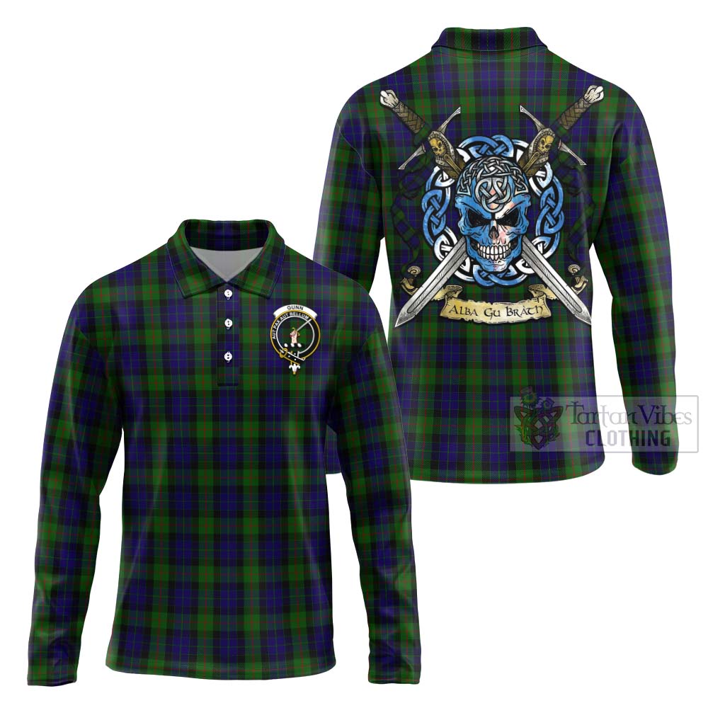 Tartan Vibes Clothing Gunn Tartan Long Sleeve Polo Shirt with Family Crest Celtic Skull Style