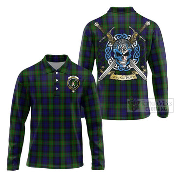 Tartan Vibes Clothing Gunn Tartan Long Sleeve Polo Shirt with Family Crest Celtic Skull Style