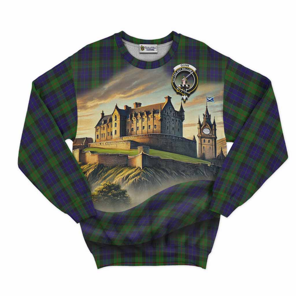 Tartan Vibes Clothing Gunn Tartan Family Crest Sweatshirt with Scottish Ancient Castle Style