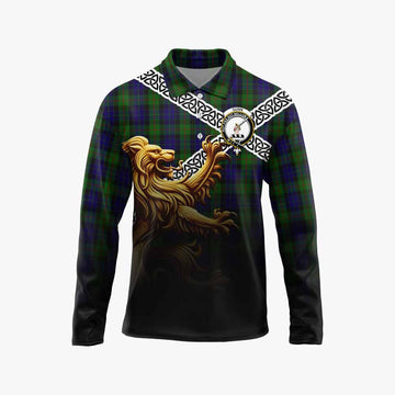 Gunn Crest Tartan Long Sleeve Polo Shirt with Golden Lion Emblem Celtic Style