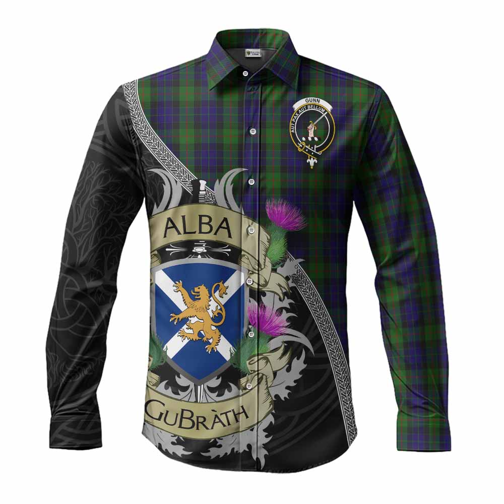 Tartan Vibes Clothing Gunn Tartan Family Crest Long Sleeve Button Shirt Lion Rampant Royal Thistle Shield Celtic Inspired