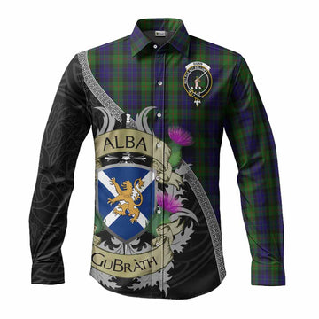 Gunn Tartan Family Crest Long Sleeve Button Shirt Lion Rampant Royal Thistle Shield Celtic Inspired