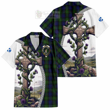 Tartan Vibes Clothing Gunn Tartan Short Sleeve Button Shirt with Family Crest and St. Andrew's Cross Accented by Thistle Vines