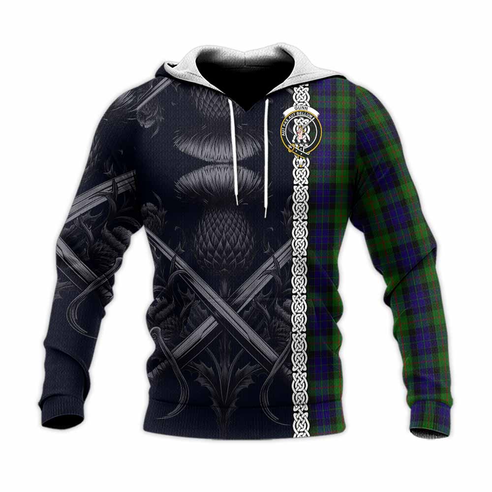 Tartan Vibes Clothing Gunn Tartan Knitted Hoodie with Family Crest Cross Sword Thistle Celtic Vibes