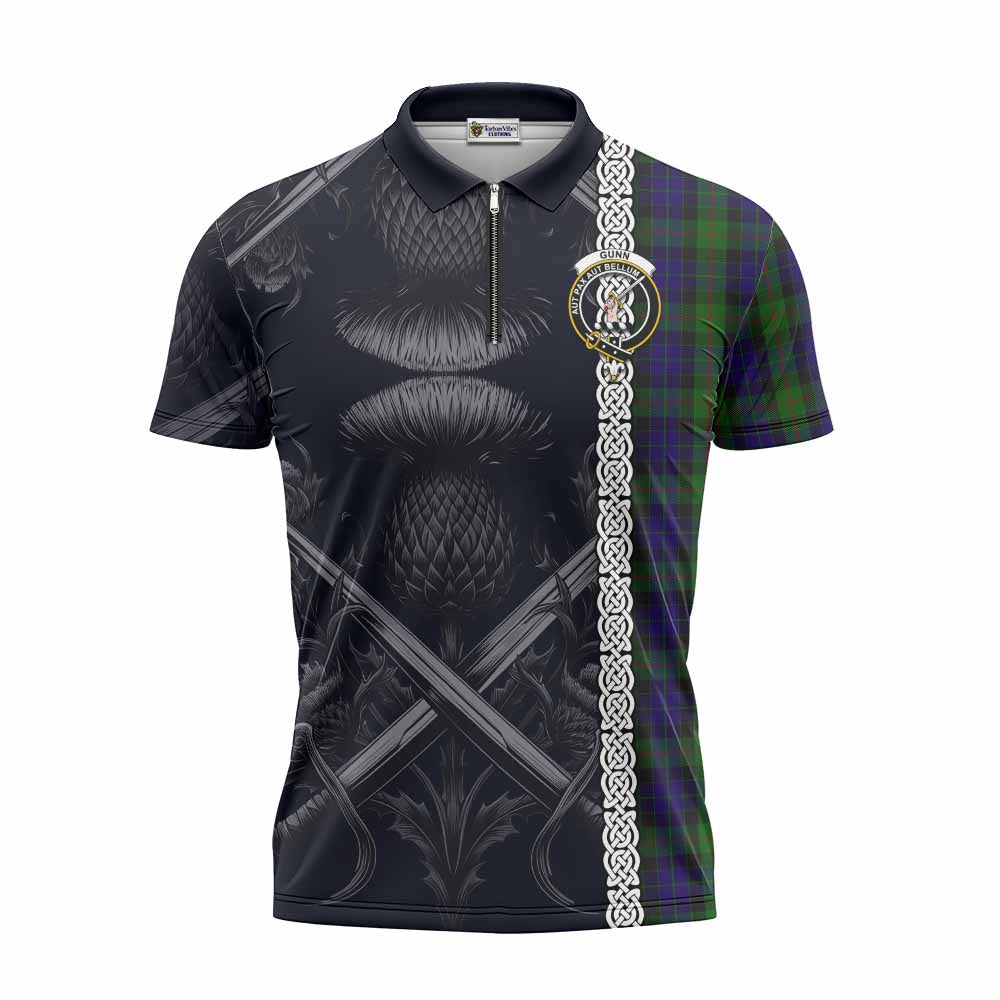 Tartan Vibes Clothing Gunn Tartan Zipper Polo Shirt with Family Crest Cross Sword Thistle Celtic Vibes