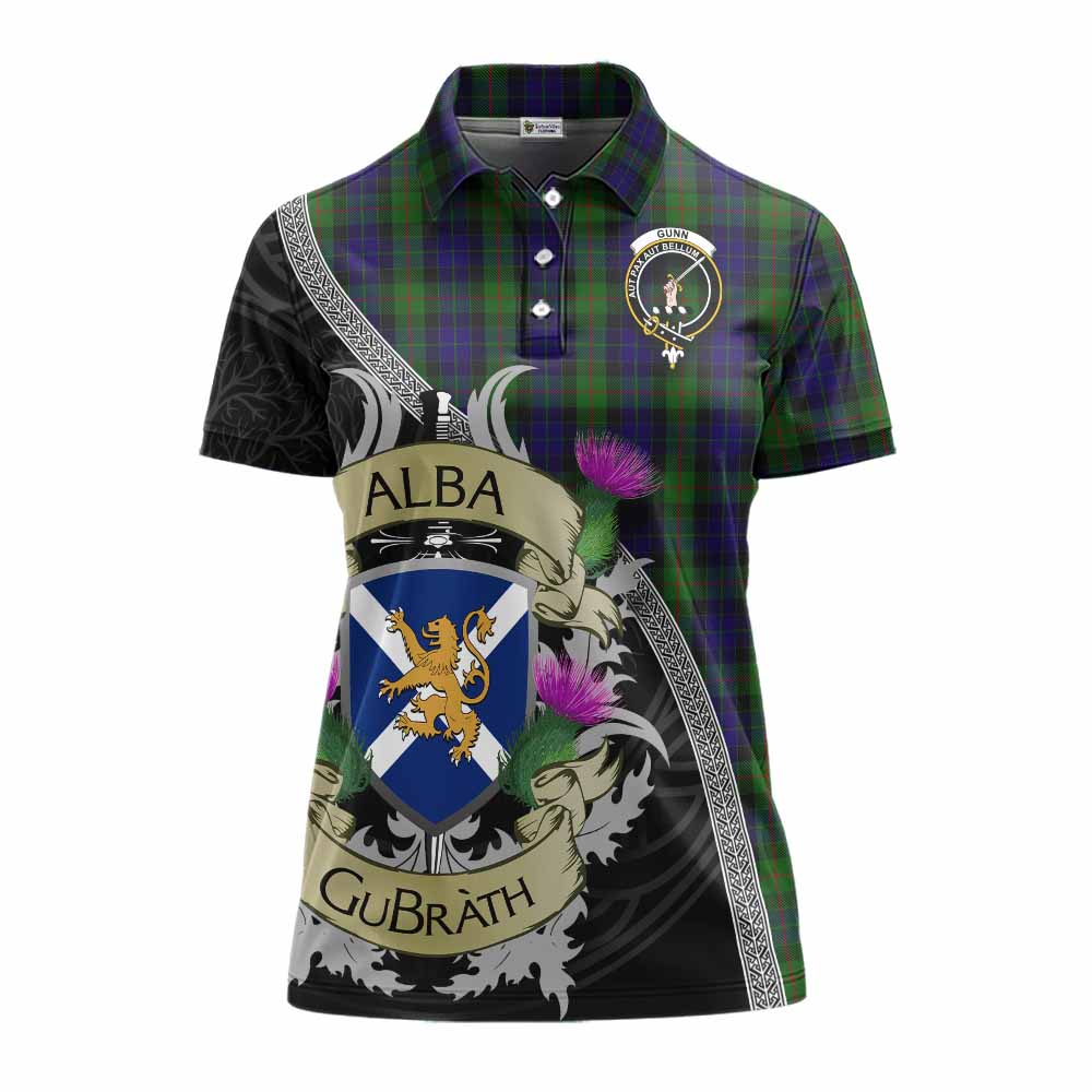 Tartan Vibes Clothing Gunn Tartan Family Crest Women's Polo Shirt Lion Rampant Royal Thistle Shield Celtic Inspired