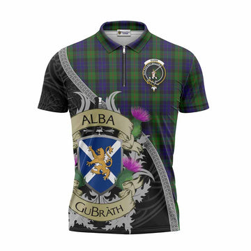Gunn Tartan Family Crest Zipper Polo Shirt Lion Rampant Royal Thistle Shield Celtic Inspired