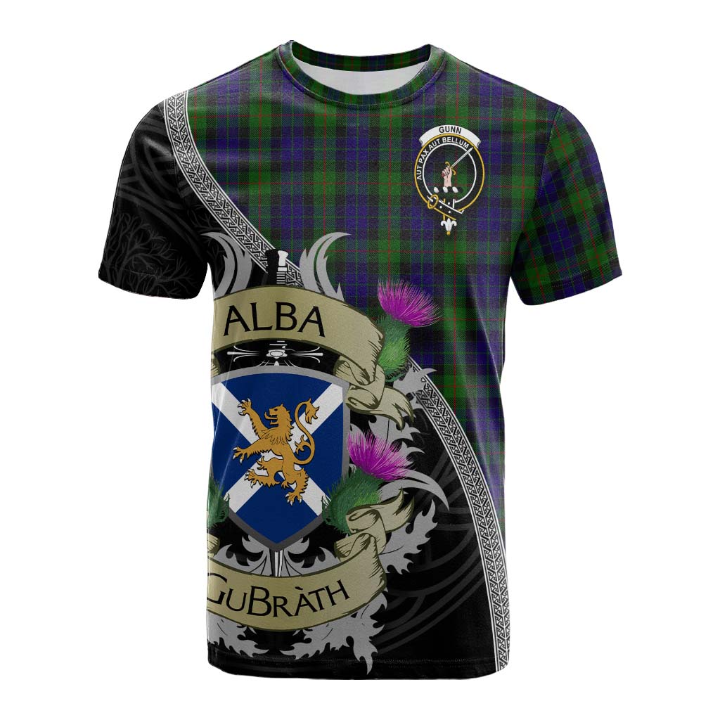 Tartan Vibes Clothing Gunn Tartan Family Crest Cotton T-shirt Lion Rampant Royal Thistle Shield Celtic Inspired