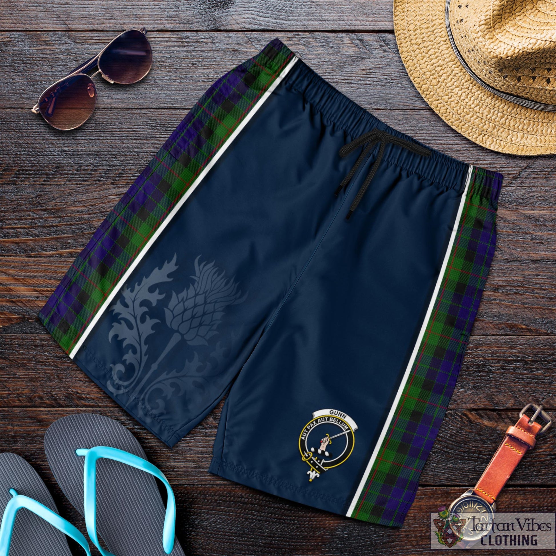 Tartan Vibes Clothing Gunn Tartan Men's Shorts with Family Crest and Scottish Thistle Vibes Sport Style