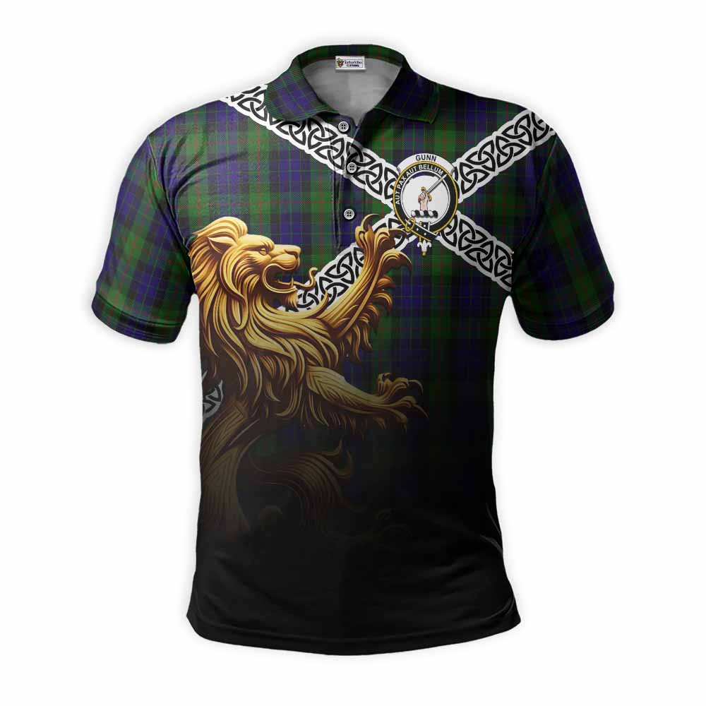 Tartan Vibes Clothing Gunn Crest Tartan Polo Shirt with Golden Lion Emblem Celtic Style