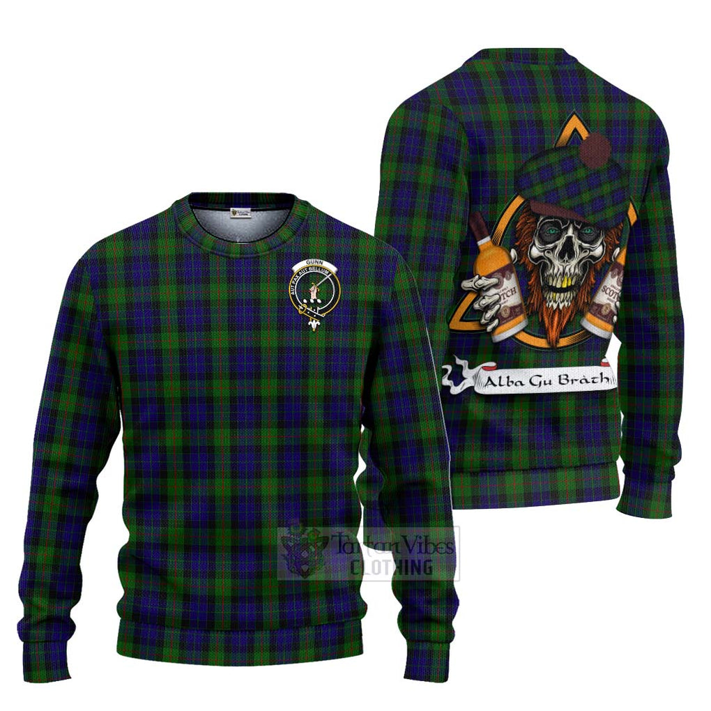 Tartan Vibes Clothing Gunn Tartan Knitted Sweater with Family Crest and Bearded Skull Holding Bottles of Whiskey