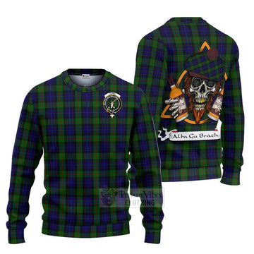 Tartan Vibes Clothing Gunn Tartan Knitted Sweater with Family Crest and Bearded Skull Holding Bottles of Whiskey