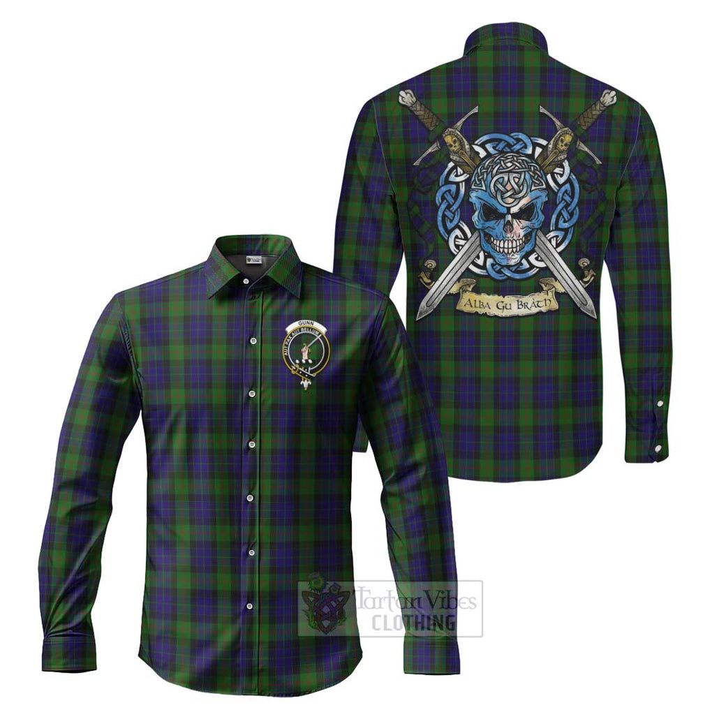 Tartan Vibes Clothing Gunn Tartan Long Sleeve Button Shirt with Family Crest Celtic Skull Style