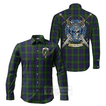 Tartan Vibes Clothing Gunn Tartan Long Sleeve Button Shirt with Family Crest Celtic Skull Style