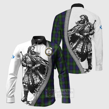 Tartan Vibes Clothing Gunn Tartan Clan Crest Long Sleeve Button Shirt with Highlander Warrior Celtic Style