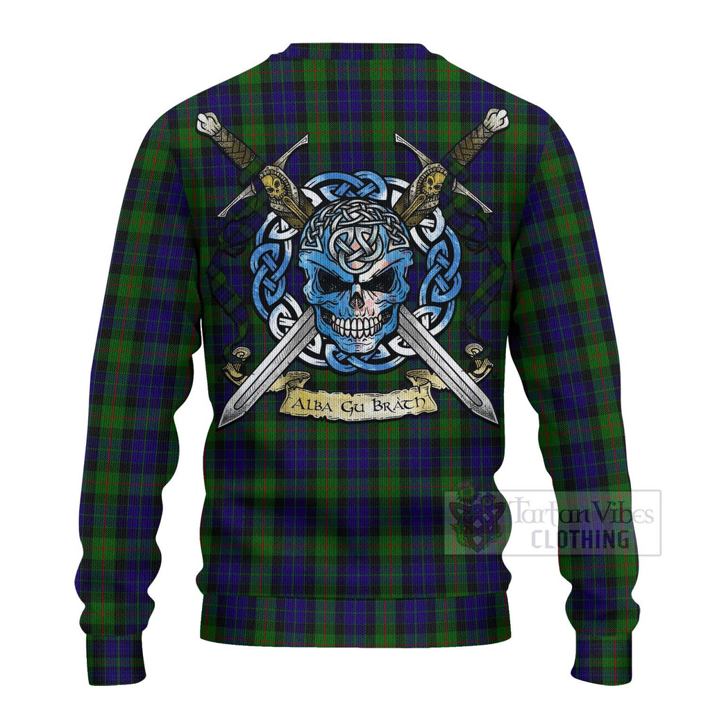 Tartan Vibes Clothing Gunn Tartan Knitted Sweater with Family Crest Celtic Skull Style